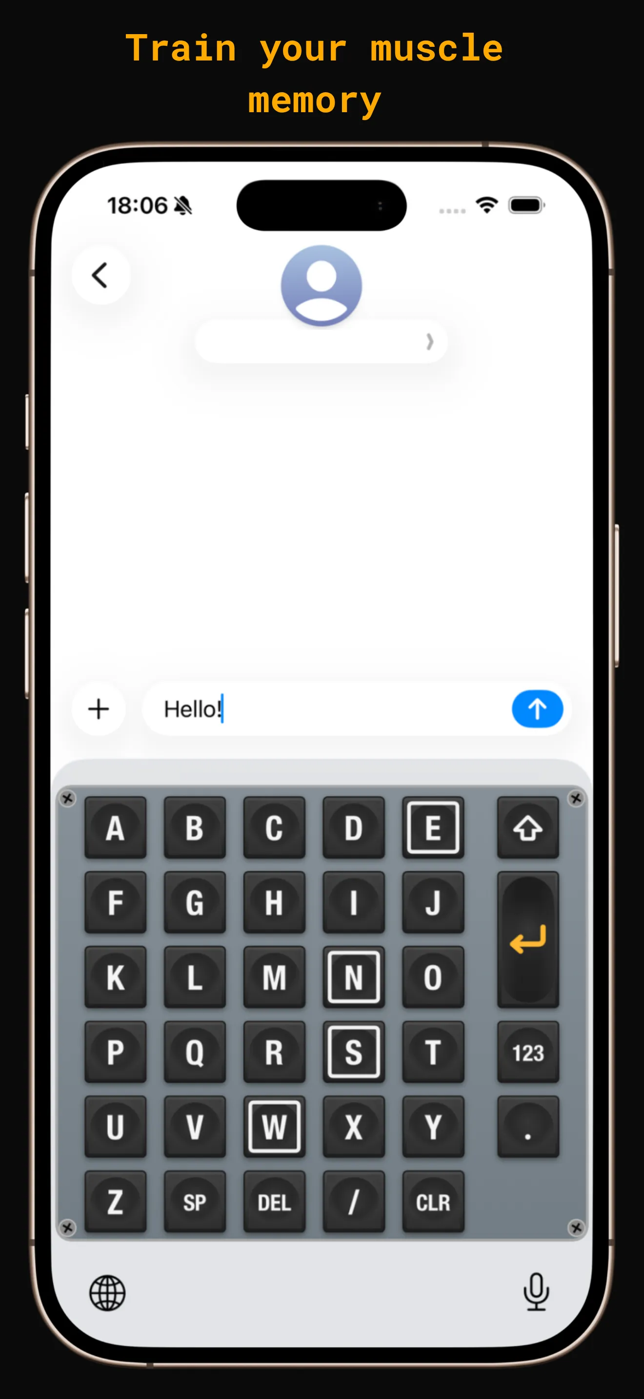 FMC Keyboard open in Messages, its light plate showing the alphabetical grid.